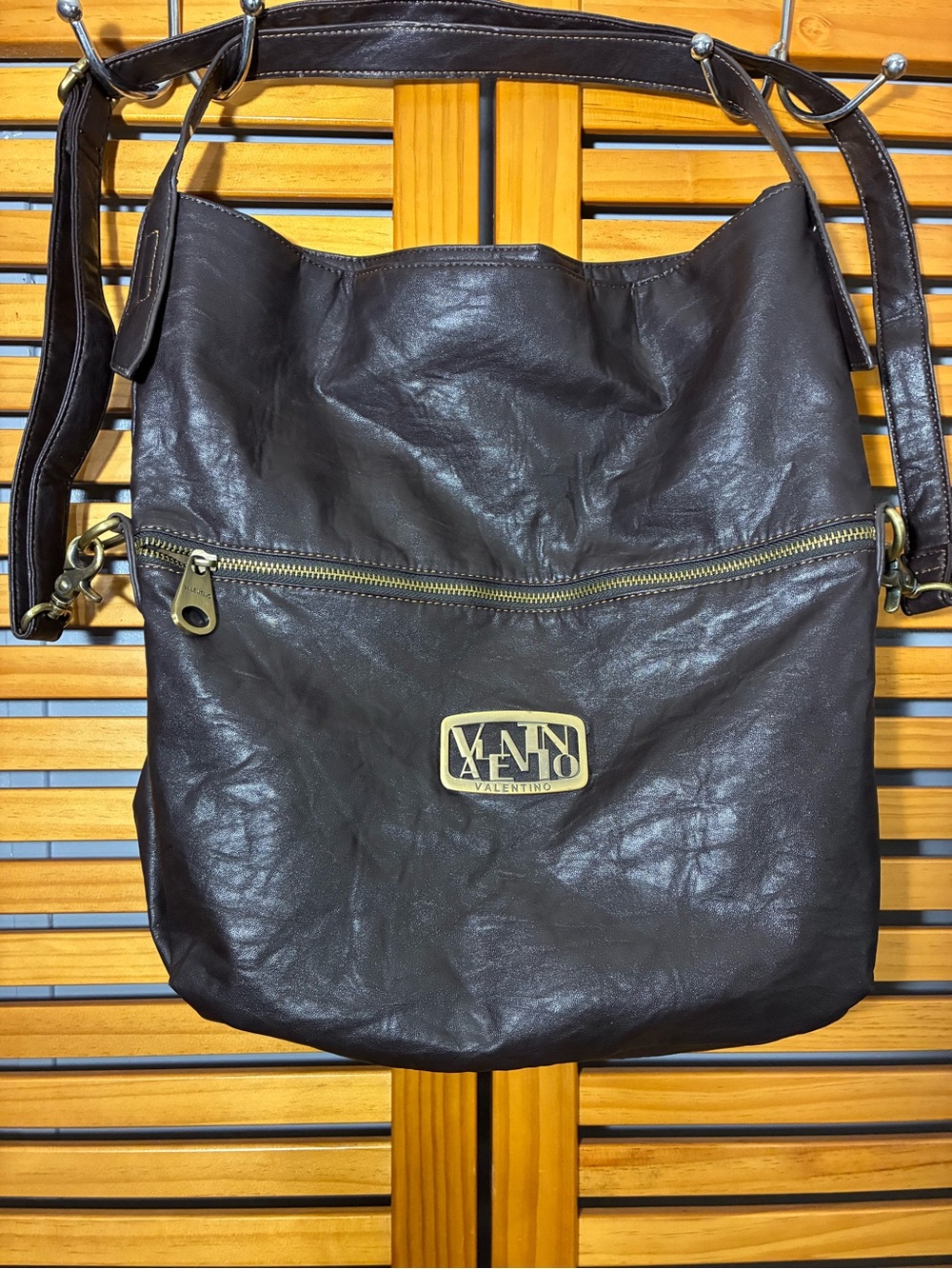 Vintage.Valentino Dark Brown Leather Shoulder Bag with Front Zip